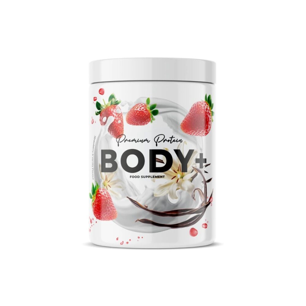 Protein BODY +, příchuť jahoda a vanilka, 500g