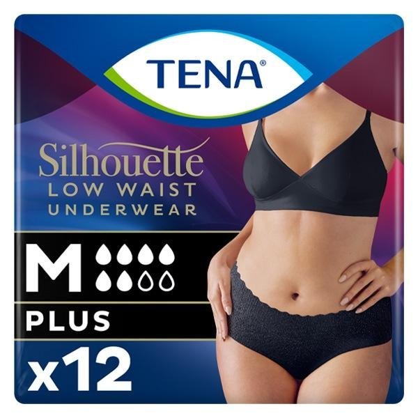 TENA Silhouette Plus Low Waist Black M - Kalhotky absorpční natahovací s boky 12 ks