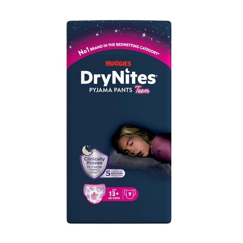 Huggies DryNites pro dívky 13+ let, 48-60 kg - Natahovací kalhotky 9 ks