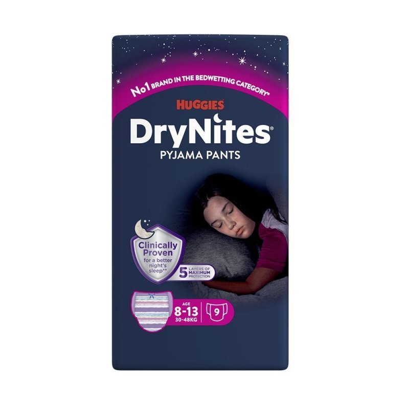 Huggies DryNites pro dívky 8-13 let, 30-48 kg - Natahovací kalhotky 9 ks