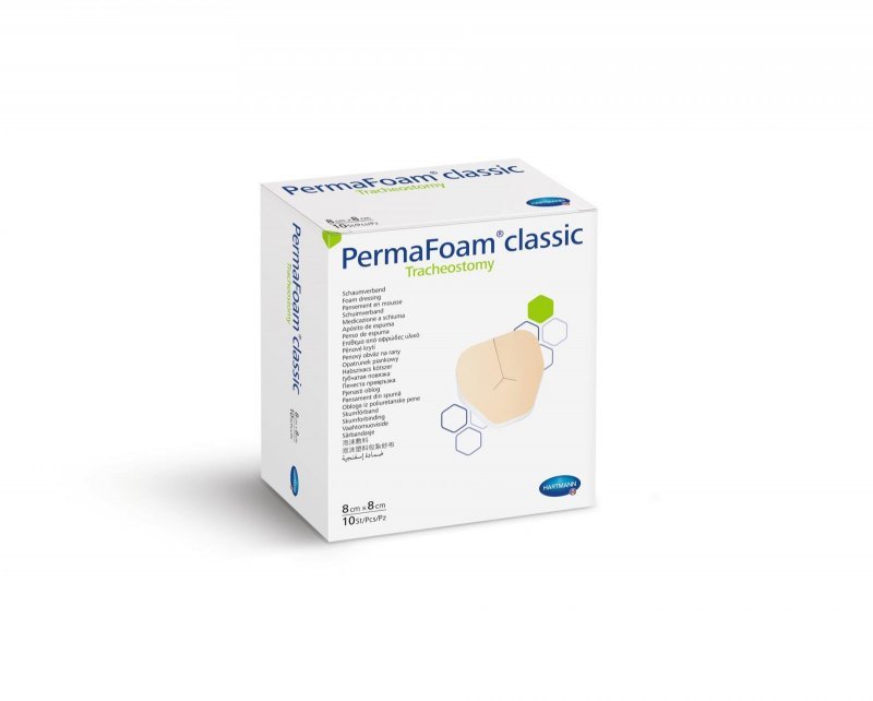 Polyuretanové krytí PermaFoam Classic Tracheo - S lepícím okrajem, 8 x 8 cm, 10ks