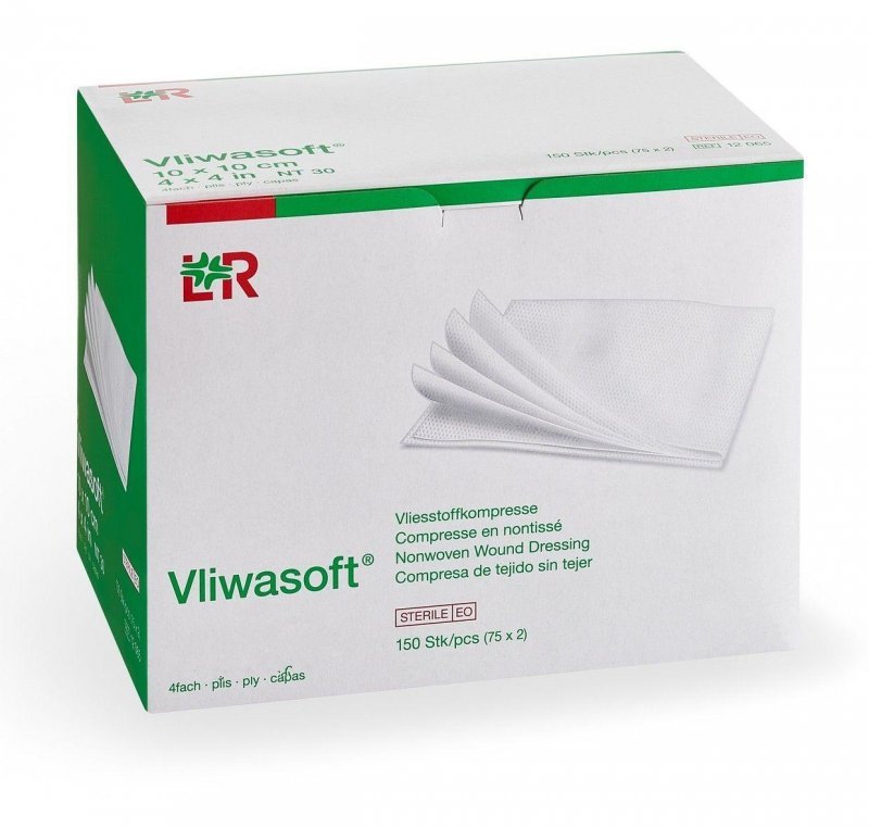 Kompresy Vliwasoft Sterilní - 7,5 x 7,5 cm - 4 vrstvy, netkaný textil, 75 x 2 kompresy, zatavené po dvou