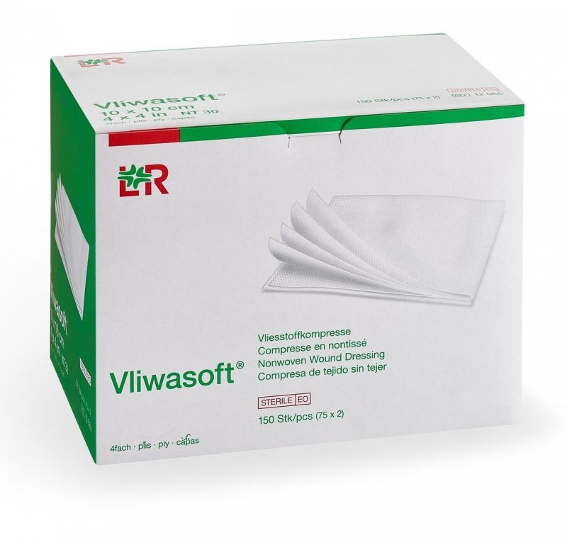 Kompresy Vliwasoft Sterilní - 10 x 10 cm - 4 vrstvy, netkaný textil, 75 x 2 kompresy, zatavené po dvou
